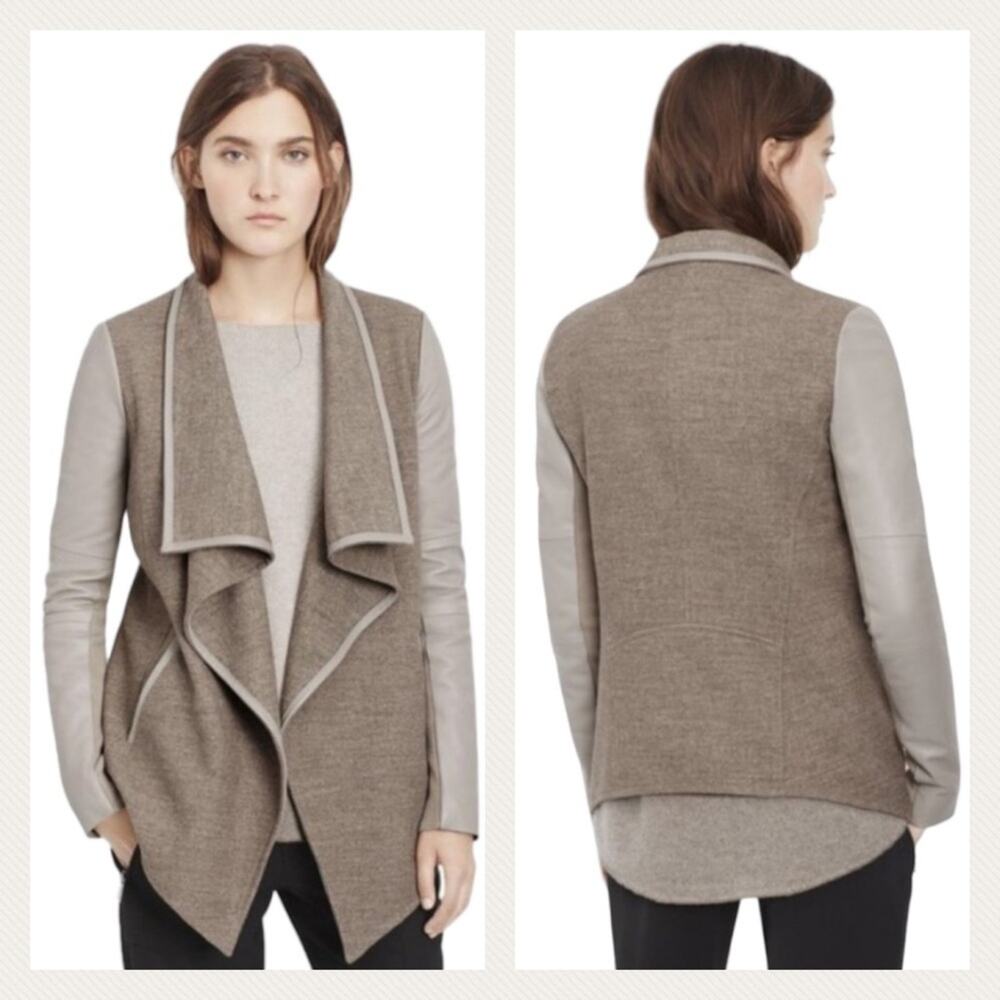 Vince The Fawn Wool Blend Lamb Leather Trim Draped Jacket Size M